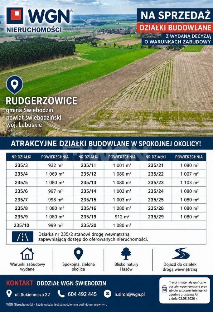 Grunt budowlany jednorodzinny na  sprzedaż Rudgerzowice - Działki budowlane z WZ Rudgerzowice,gmina Świebodzin,woj.lubuskie